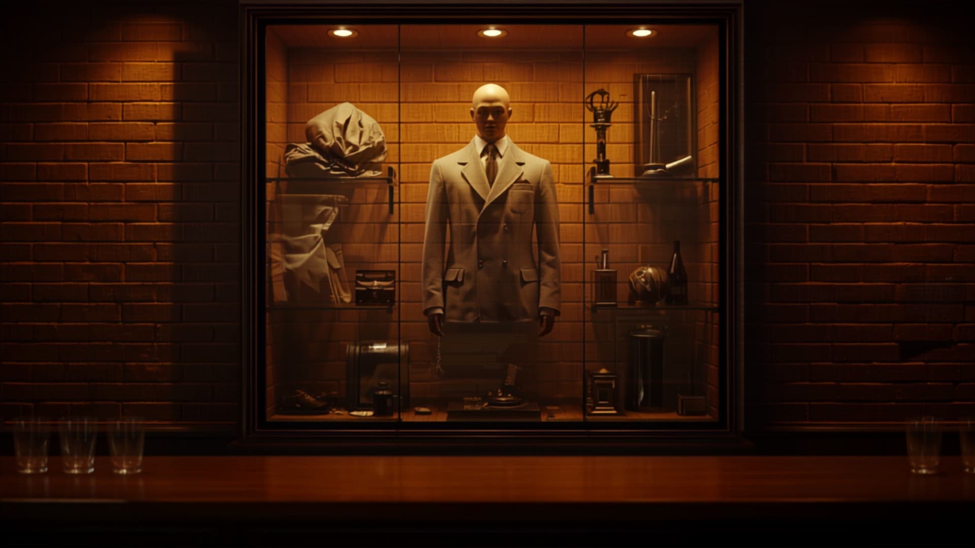 Bar with museum display cases behind it