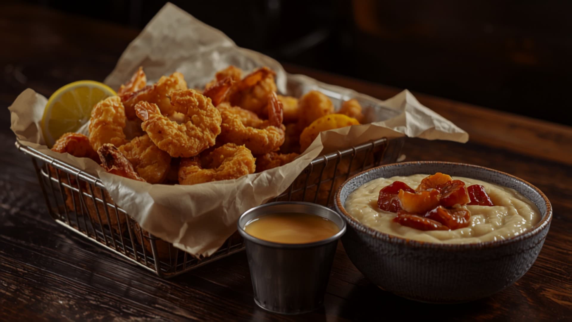 Cornmeal-fried shrimp basket with remoulade