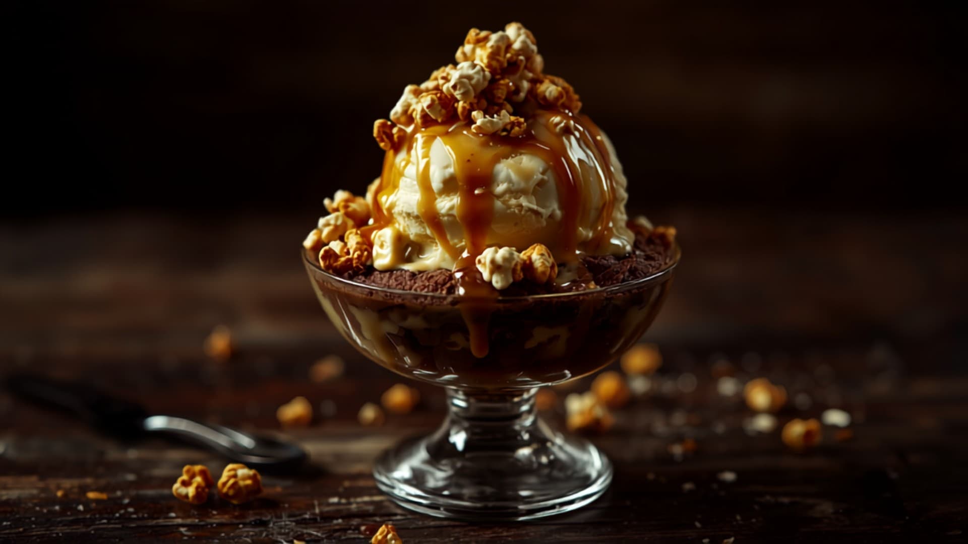 Popcorn sundae with hot fudge
